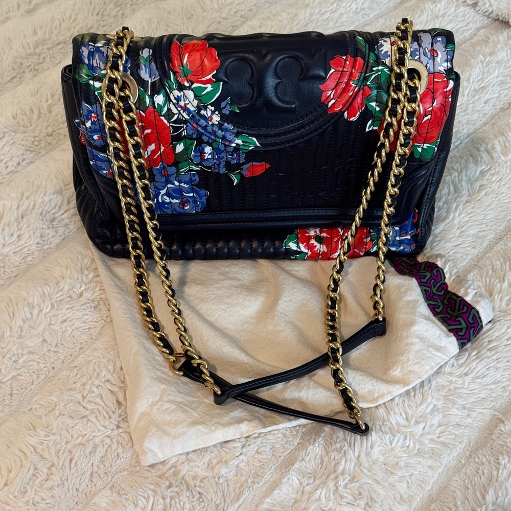 Tory Burch Black Floral Shoulder Bag with Gold Chain
